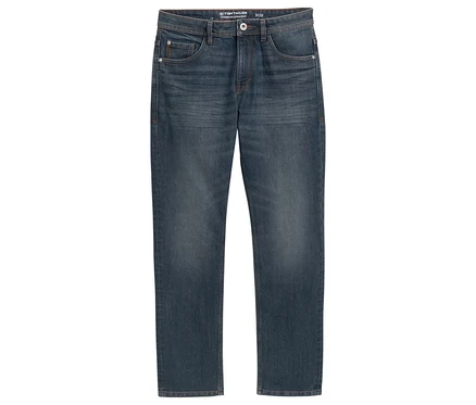 Džíny Tom Tailor TT MARVIN STRAIGHT se strečovým materiálem, Mid Stone Blue Grey Denim, leží na bílém pozadí.
