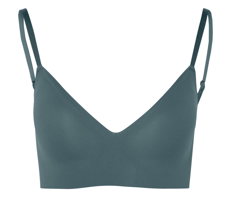 Detail tyrkysové podprsenky se špagetovými ramínky.