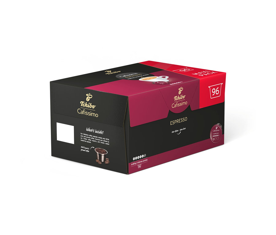 Černo-vínové balení kávových kapslí Tchibo Cafissimo Espresso s 96 kapslemi, s indikátorem síly a šálkem kávy.