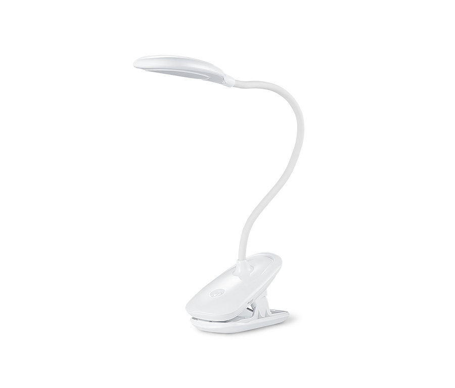 Bílá LED lampička se svorkou a akumulátorem.