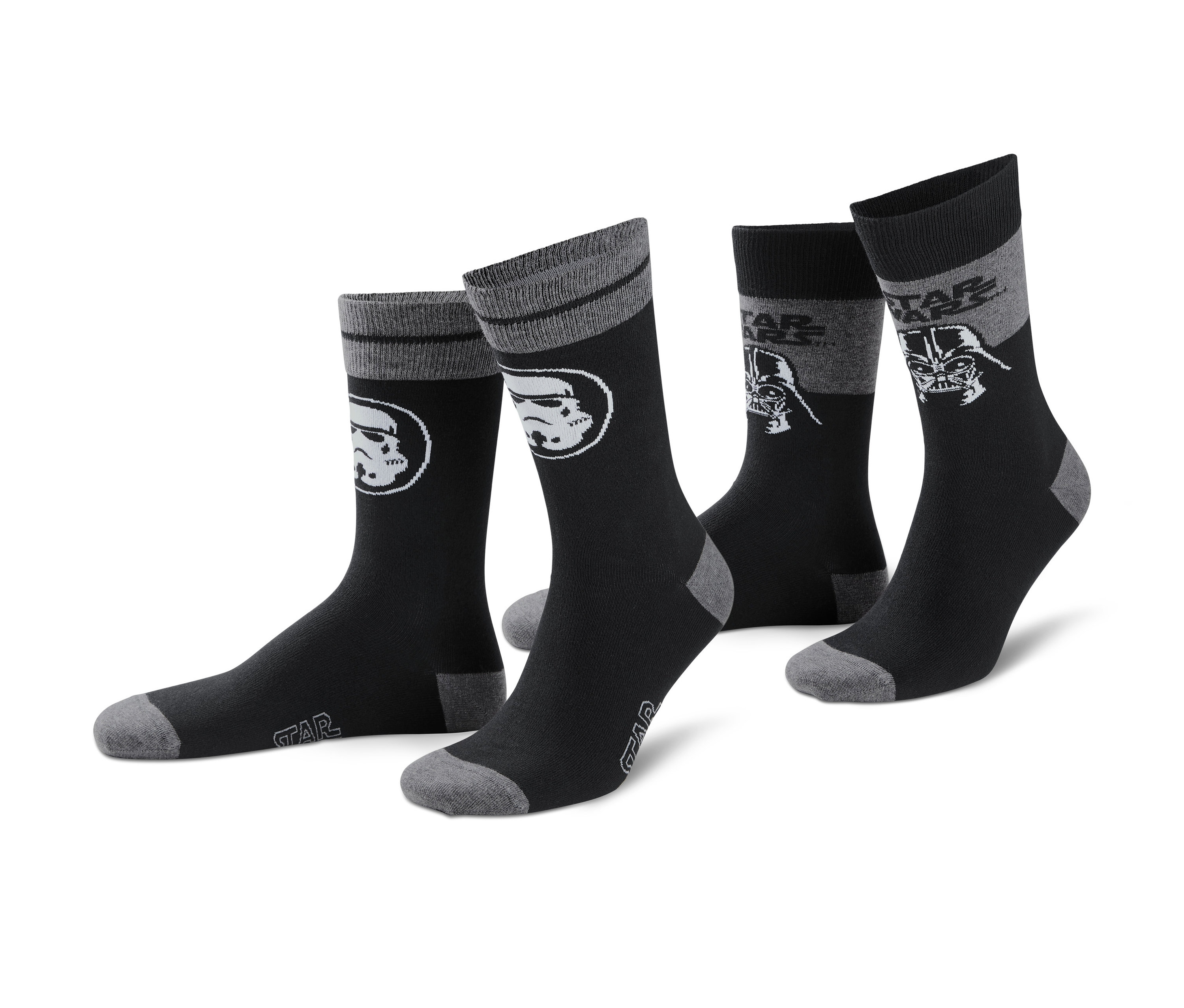 Dva páry černých ponožek Star Wars s obrázky Darth Vadera a Stormtrooperů.
