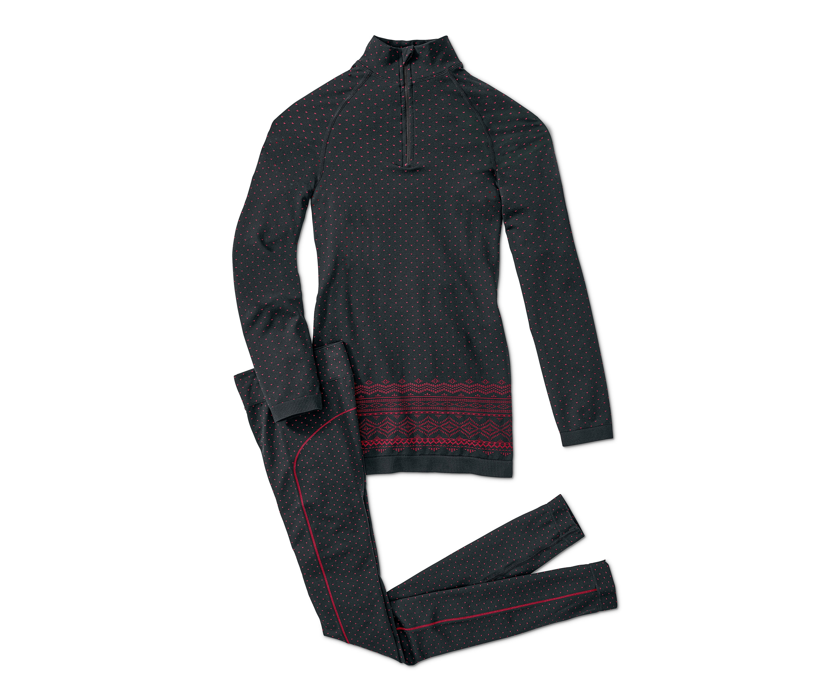 Černé bezešvé funkční spodní prádlo s červenými tečkami a norským vzorem.