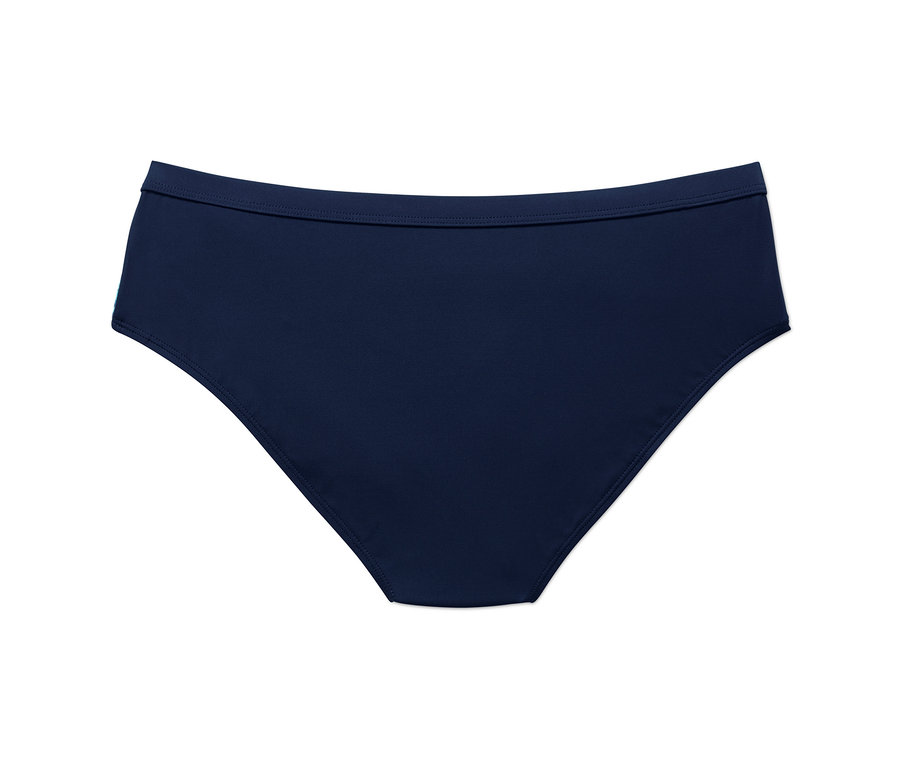 Tmavě modré sportovní kalhotky od bikin na bílém pozadí.