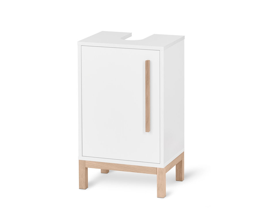 Bílá malá skříňka pod umyvadlo »Eklund« s dřevěnou rukojetí a nožičkami.