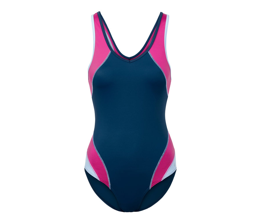 Sportovní jednodílné plavky modré barvy s růžovými a bílými detaily.