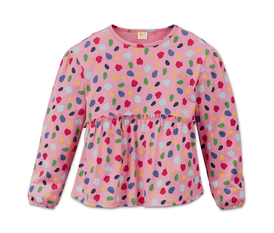 Růžové tričko s dlouhým rukávem z biobavlny s barevnými skvrnami.