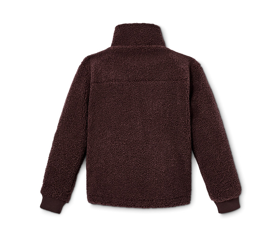 Hnědá bunda z hebkého plyše s dlouhými rukávy a límcem.