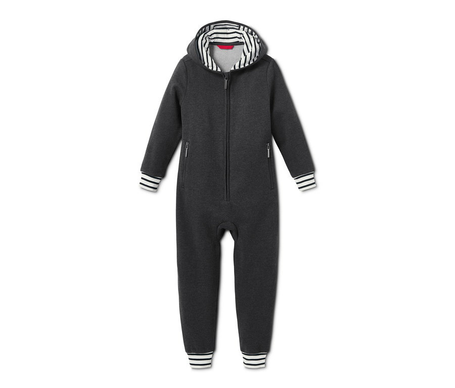 Dětský domácí overal antracitové barvy s kapucí a zipem.