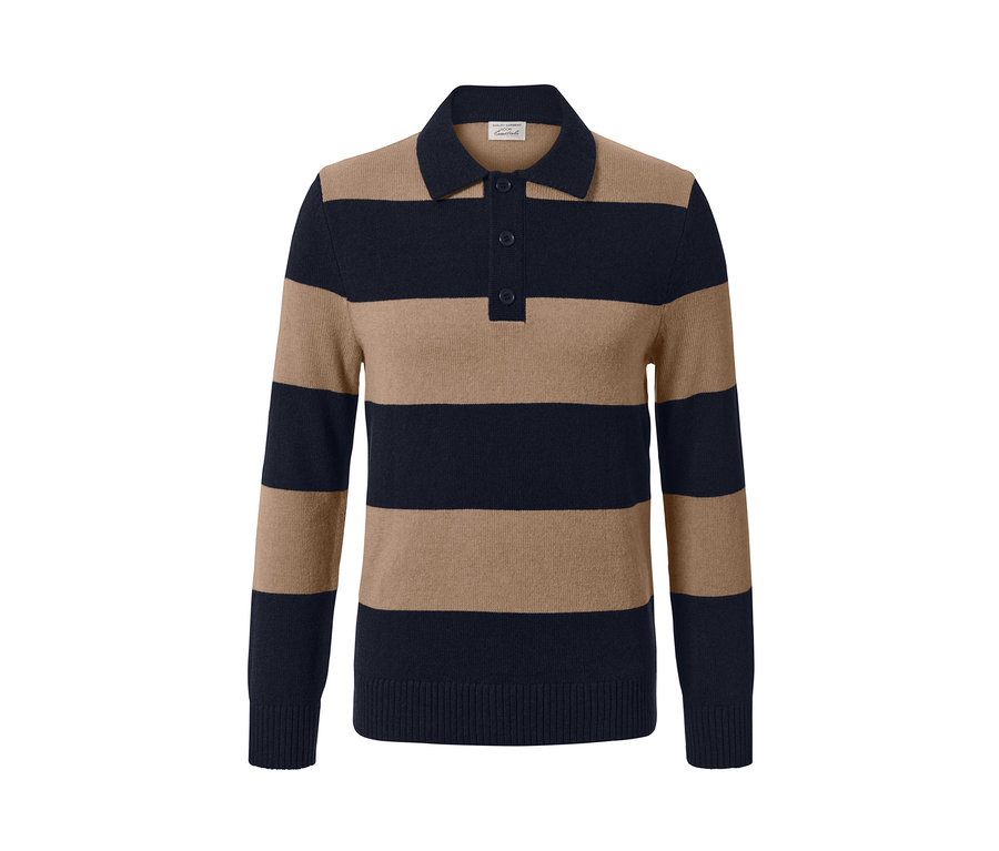 Pruhovaný kašmírový svetr s límcem a knoflíčky.