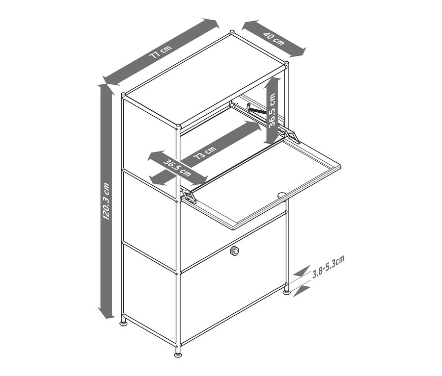 Nákres kovového regálu »CN3« se 3 výklopnými dvířky a rozměry.
