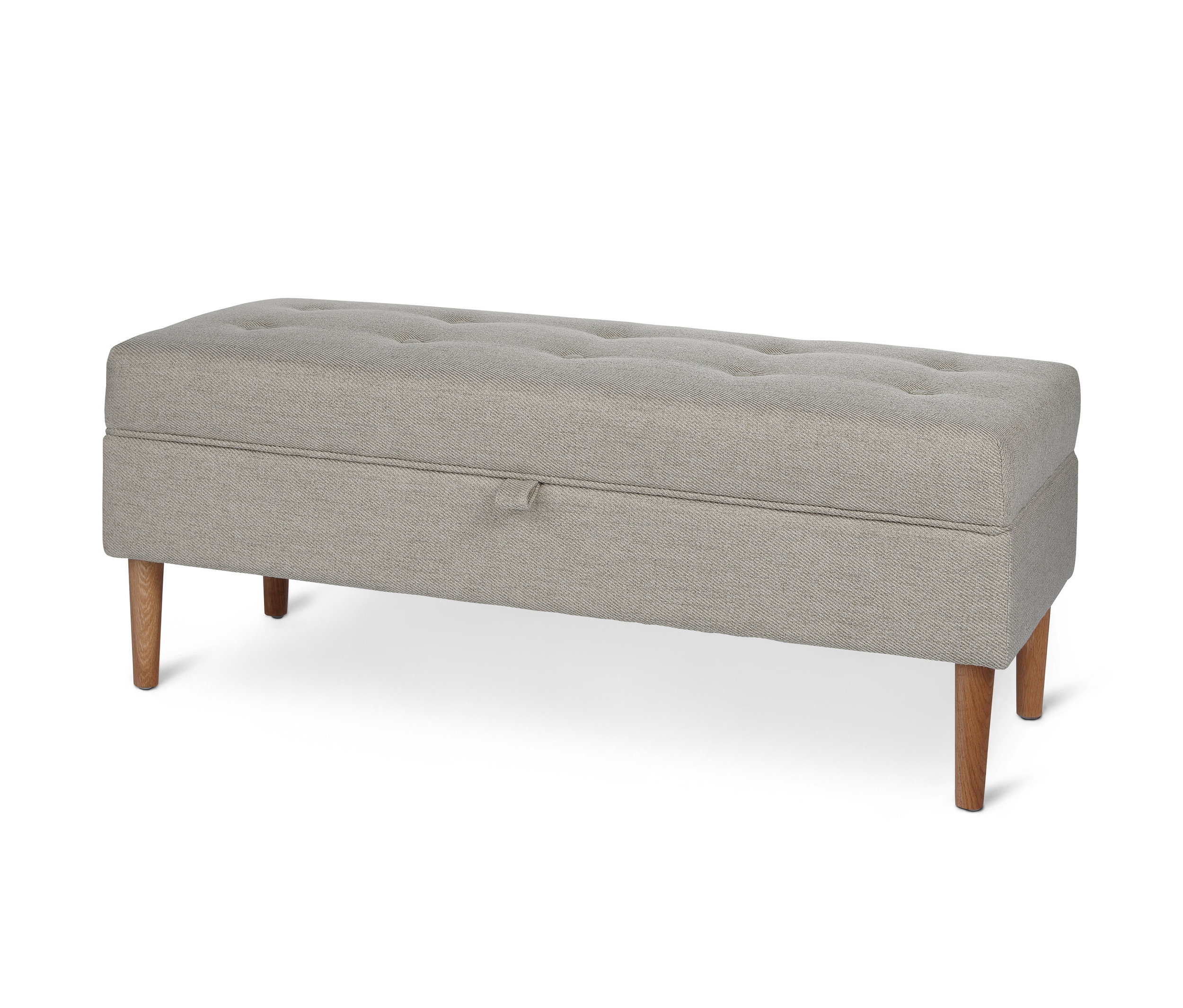Čalouněná lavice s úložným prostorem a knoflíky.