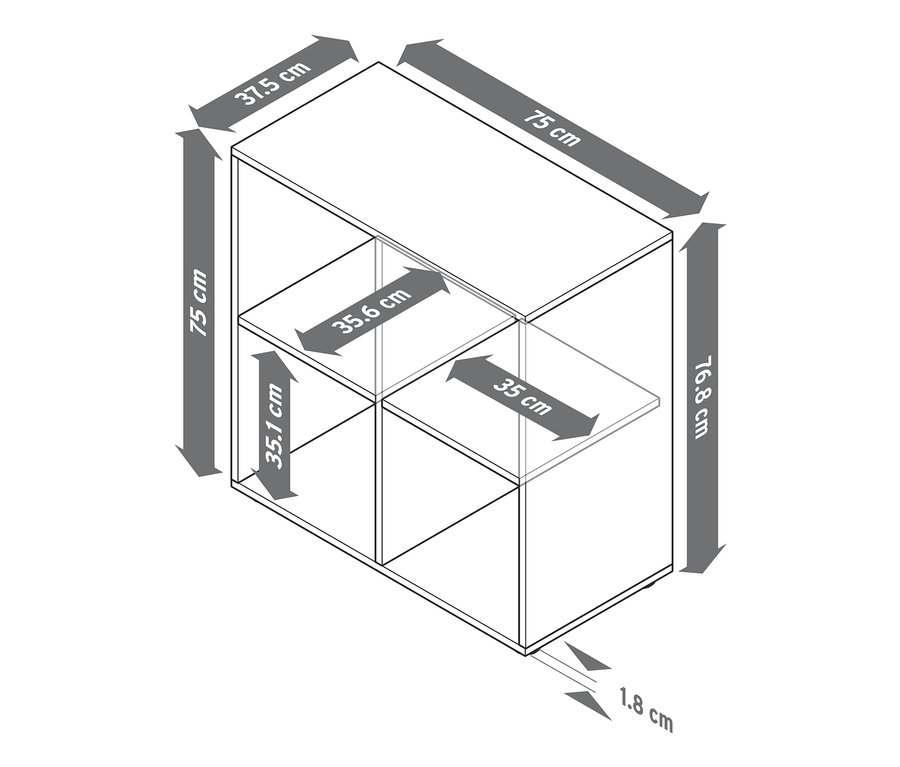 Rozměry regálového modulu Flemming cca 75 x 75 cm, otevřený.