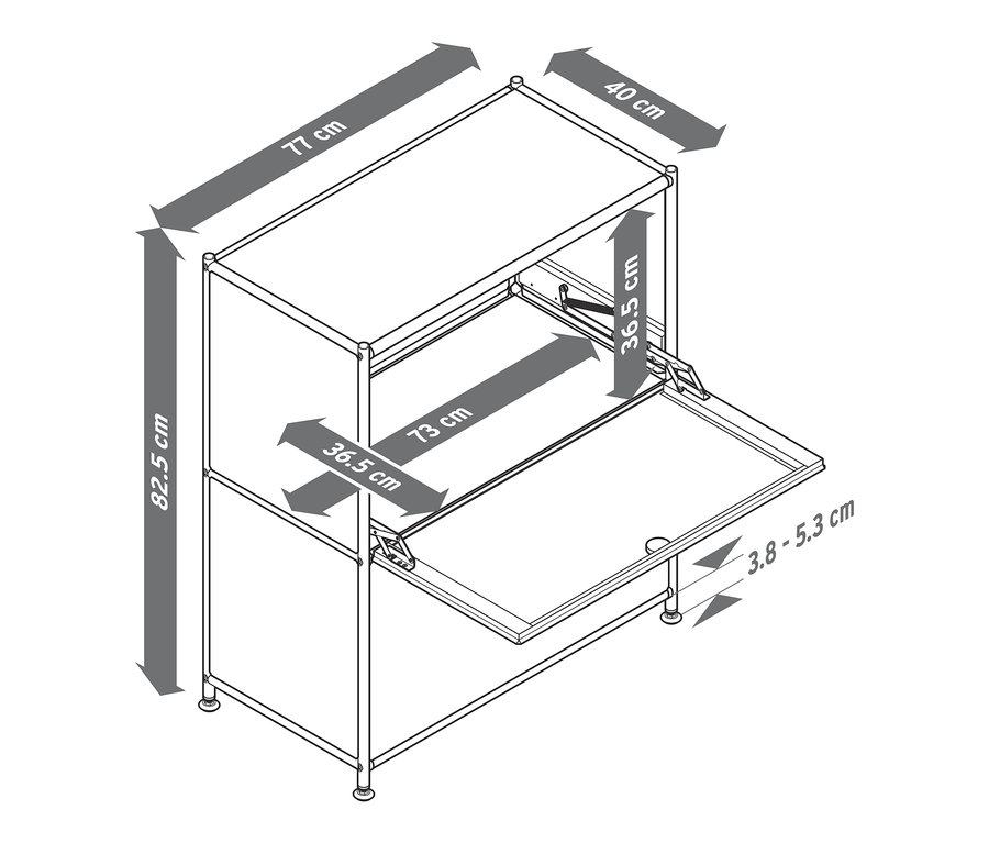 Nízká kovová odkládací skříňka CN3 s výklopnými dvířky a rozměry.