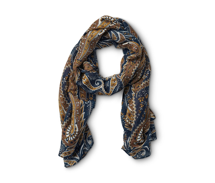 Modro-hnědá tkaná šála s paisley vzorem leží na bílém pozadí.