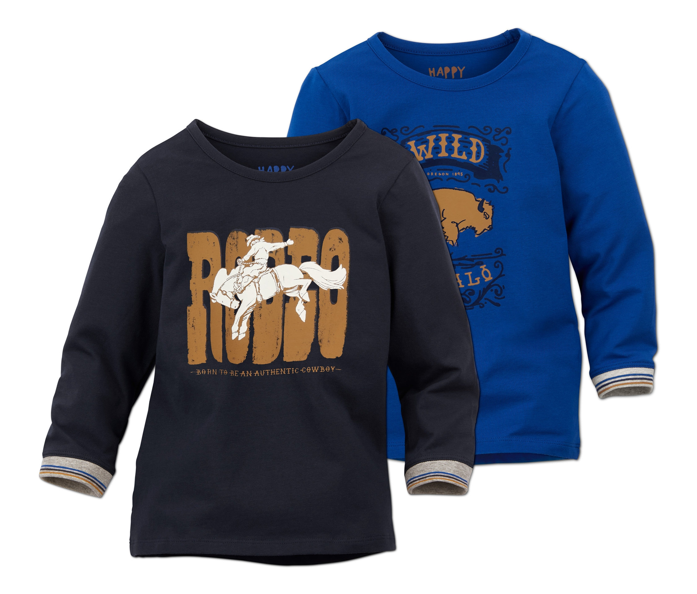Dvě trička s dlouhým rukávem. Jedno tmavě modré s obrázkem kovboje na koni a nápisem rodeo, druhé modré s obrázkem bizona.