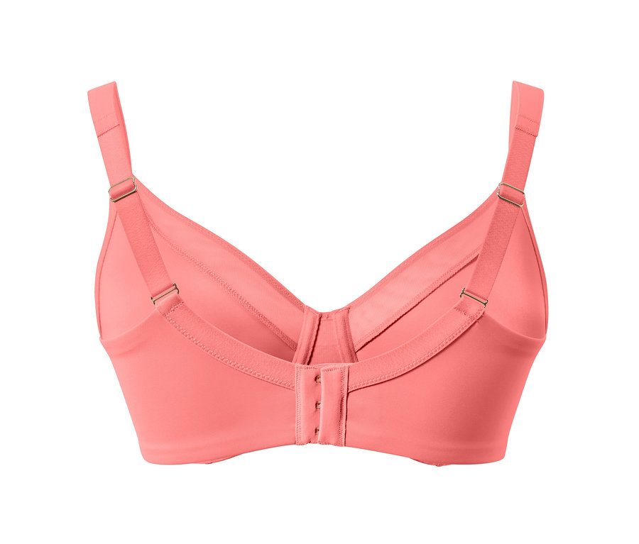 Pohled zezadu na zmenšující podprsenku papájové barvy se zapínáním na háčky.