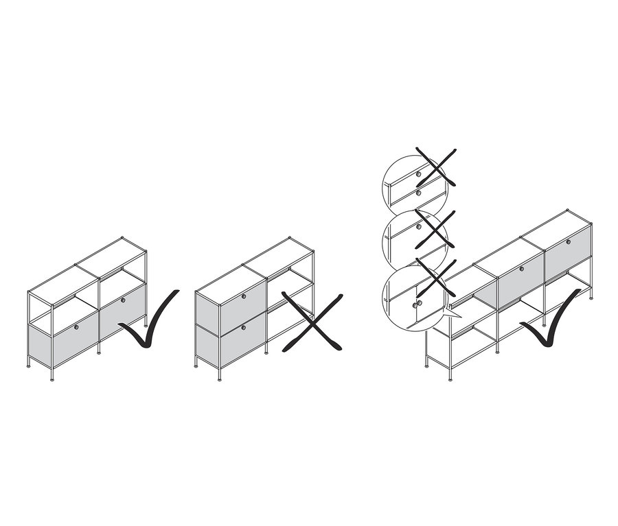 Nákres znázorňuje kovové skříňky s výklopnými dvířky. Některé skříňky mají šedá dvířka a jsou označeny zelenou fajfkou, jiné mají dvířka a jsou označeny červeným křížkem.