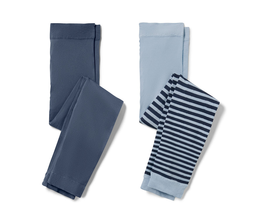 Dvoje dětské jemné punčochové legíny: jedny tmavě modré, druhé světle modré s tmavě modrými pruhy.