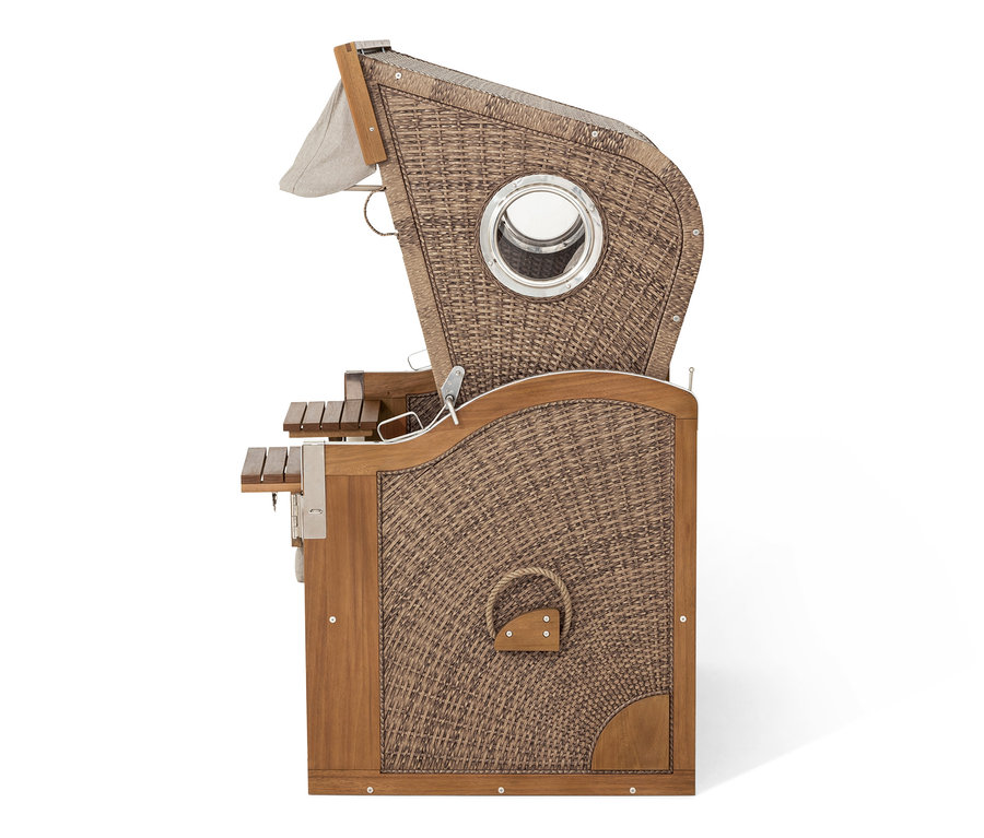 Boční pohled na plážový koš Premium XXL s 2 výklopnými stolky.