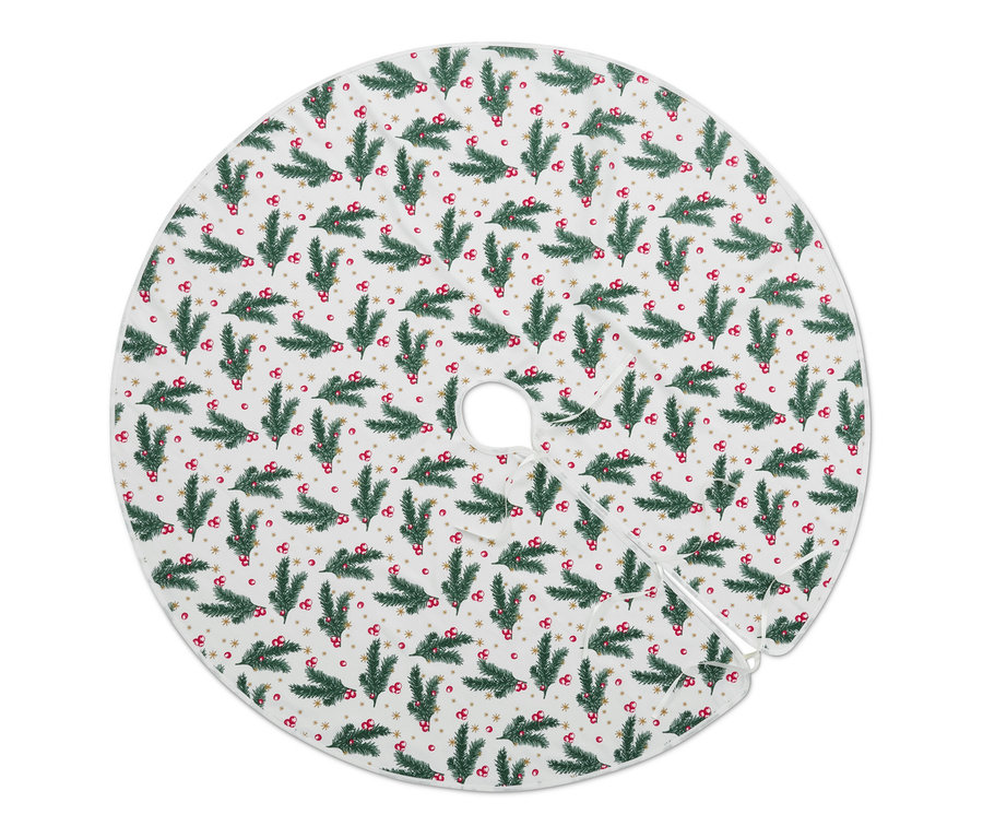 Kulatá podložka pod vánoční stromeček s potiskem větviček a bobulí.