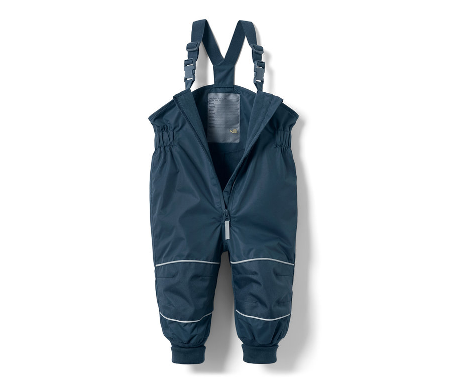 Tmavě modré dětské kalhoty do deště s laclem a zipem.