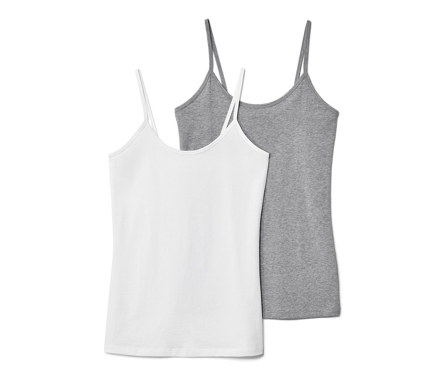 Dvě tílka se špagetovými ramínky: bílé a šedé. Košilky se špagetovými ramínky, 2 ks.