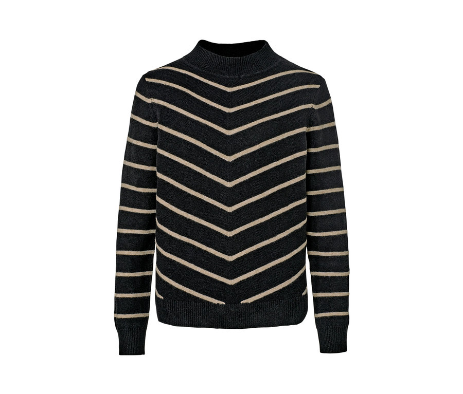 Černý pletený svetr se stojáčkem a proužky.