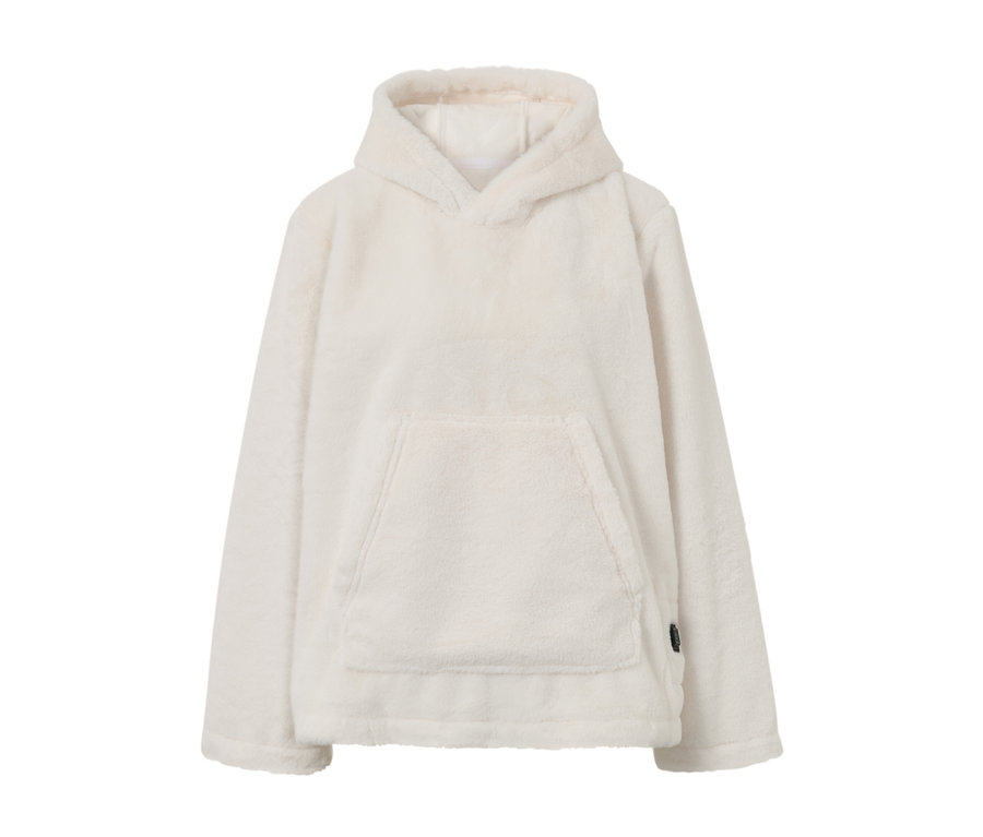 Bílý vyhřívaný svetr na baterie s kapucí a klokaní kapsou.