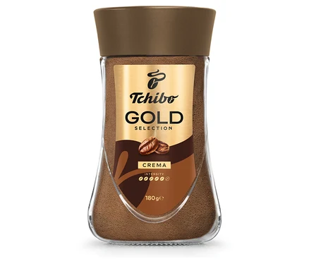 Sklenice instantní kávy Tchibo Gold Selection.