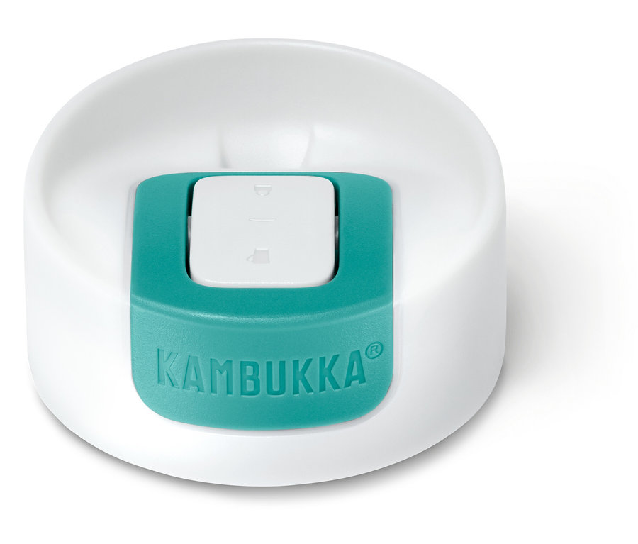Detail bílého víka hrnku Kambukka To-Go-Becher, light gold, s tyrkysovým posuvným otvorem uprostřed.
