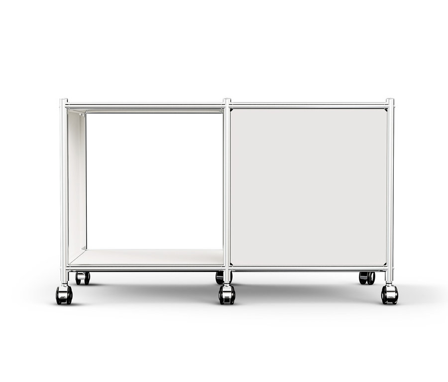 Bílý kovový odkládací stolek »CN3« s 1 výklopnými dvířky a kolečky.