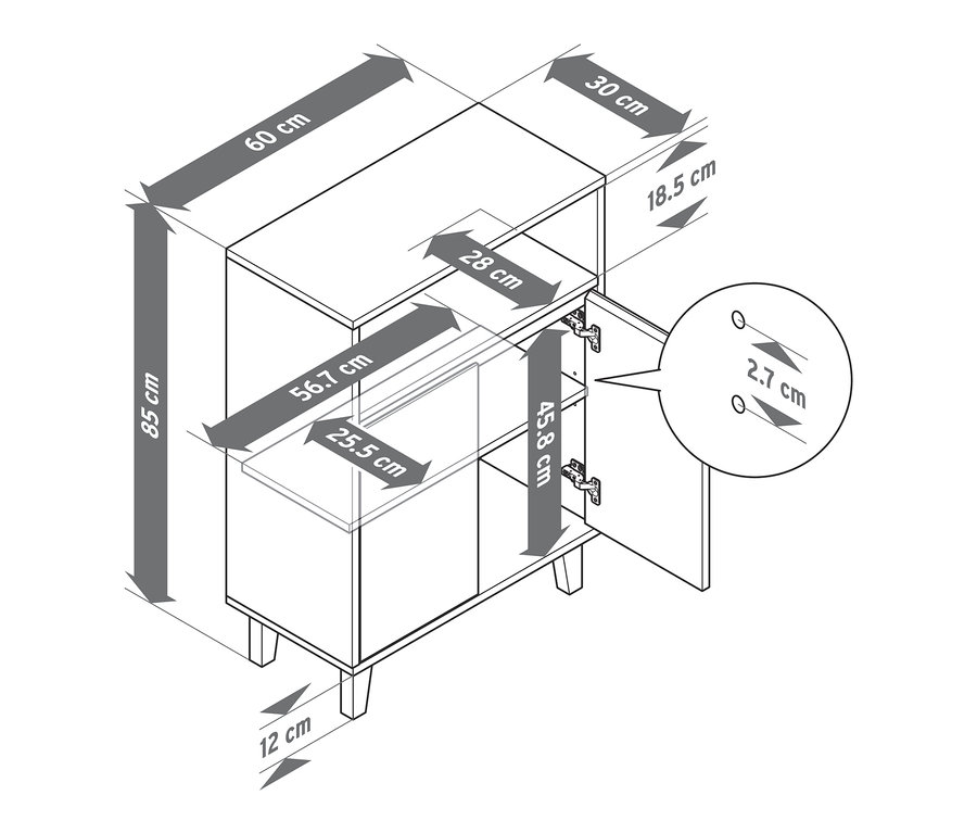Schéma odkládací skříňky se 2 dvířky a otevřeným prostorem s vyznačenými rozměry.