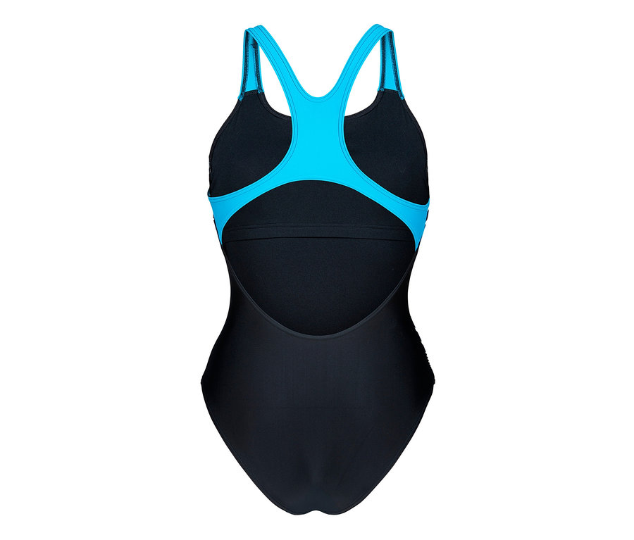 Detailní pohled zezadu na dámské plavky s podprsenkou arena Feel Lily Swim Pro Back v černo-tyrkysové barvě.