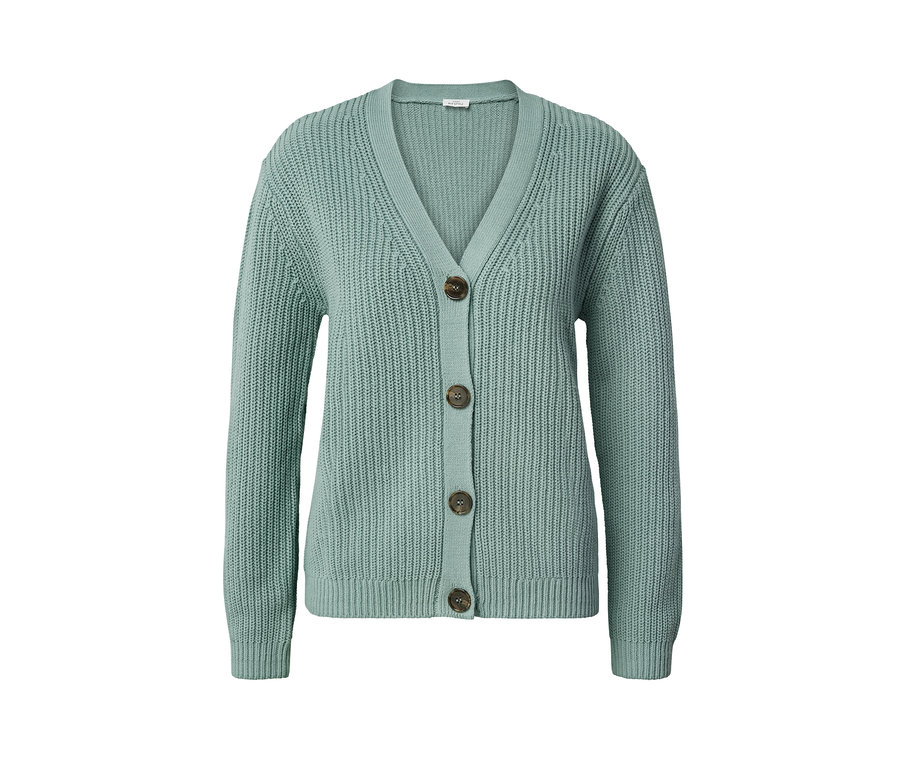 Svetr Kardigan z hrubého úpletu, šalvějová barva, s knoflíky.