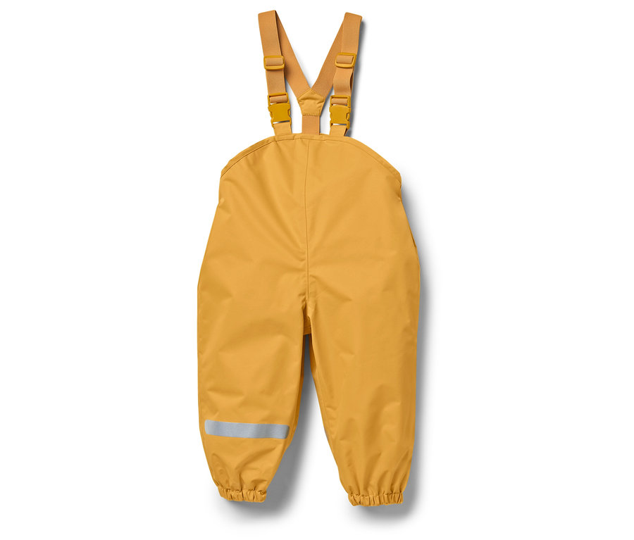 Žluté kalhoty do deště s laclem a reflexním pruhem na nohavici.