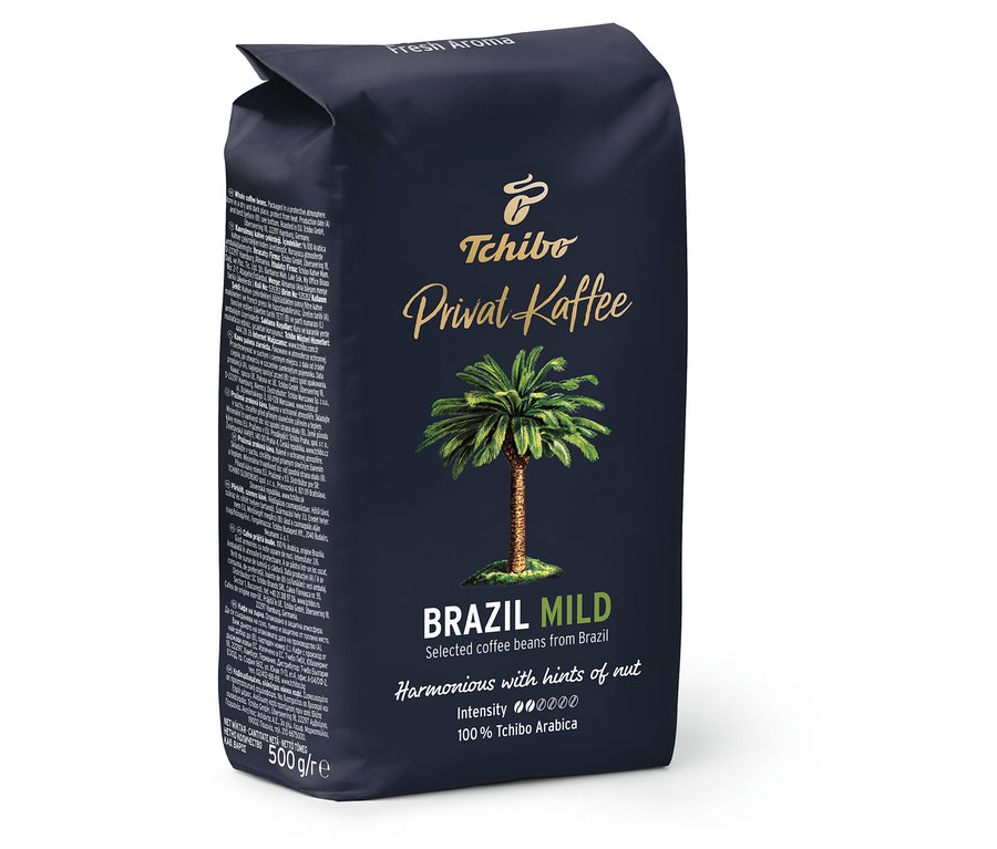 Balení 500 g zrnkové kávy Privat Kaffee Brazil Mild.