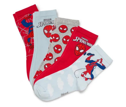 Pět párů ponožek s motivem Spidermana v různých barvách a designech.
