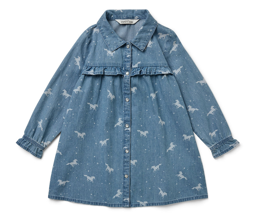 Modré džínové šaty s dlouhým rukávem, potiskem koní a volánem.