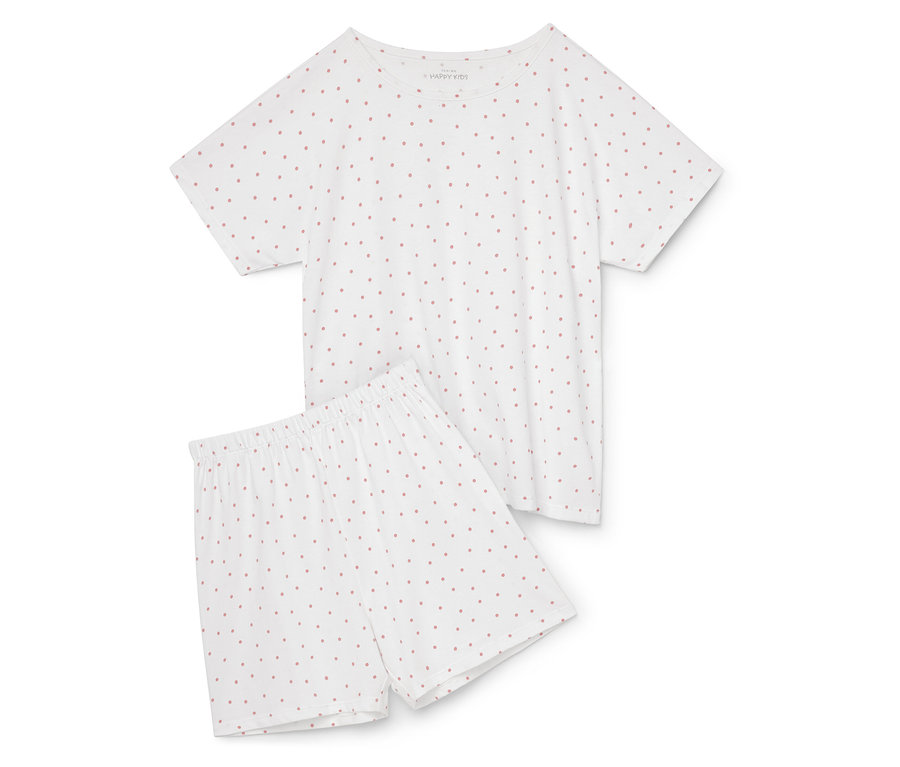 Bílé pyžamo s krátkým rukávem a šortkami s potiskem malých šedých trojúhelníků.