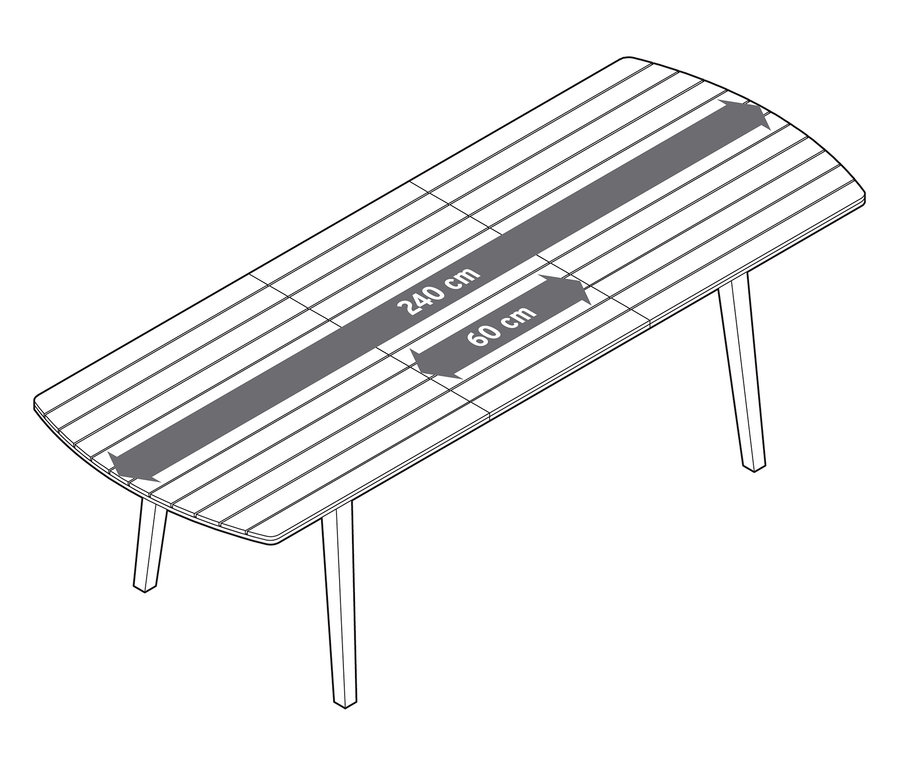 Pohled shora na rozkládací zahradní stůl se zaoblenými čely, cca 180-240 cm.