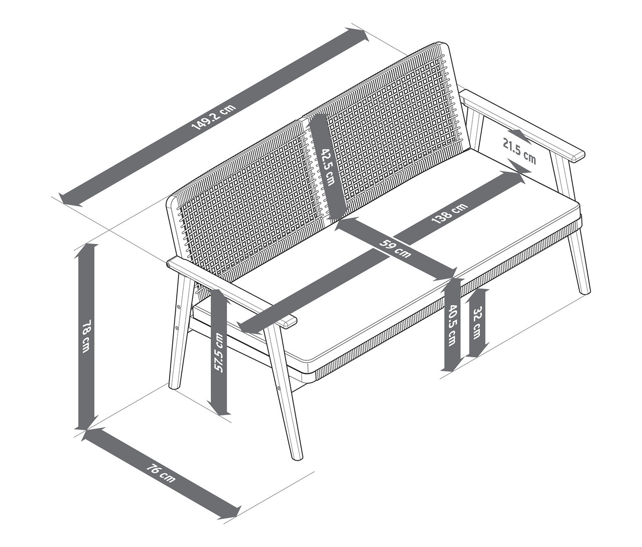 Pohled shora na nákres zahradní pohovky s rozměry šířky a výšky.