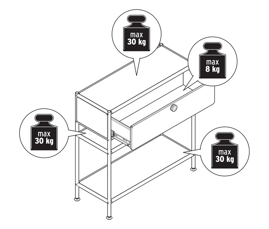 Pohled shora na kovovou konzoli »CN3 Slim Line« se zásuvkou. Konzole má otevřenou zásuvku a polici. Na konzoli a zásuvce jsou znázorněna závaží.