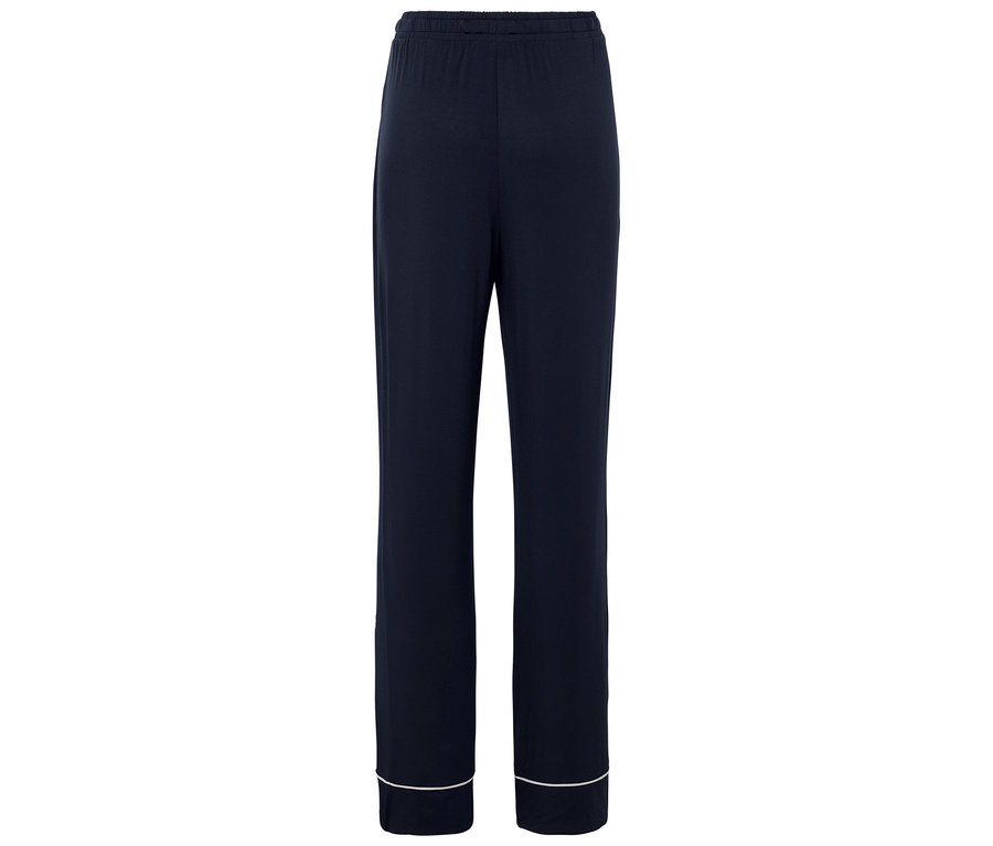 Tmavě modré dlouhé pyžamové kalhoty s bílým lemem.