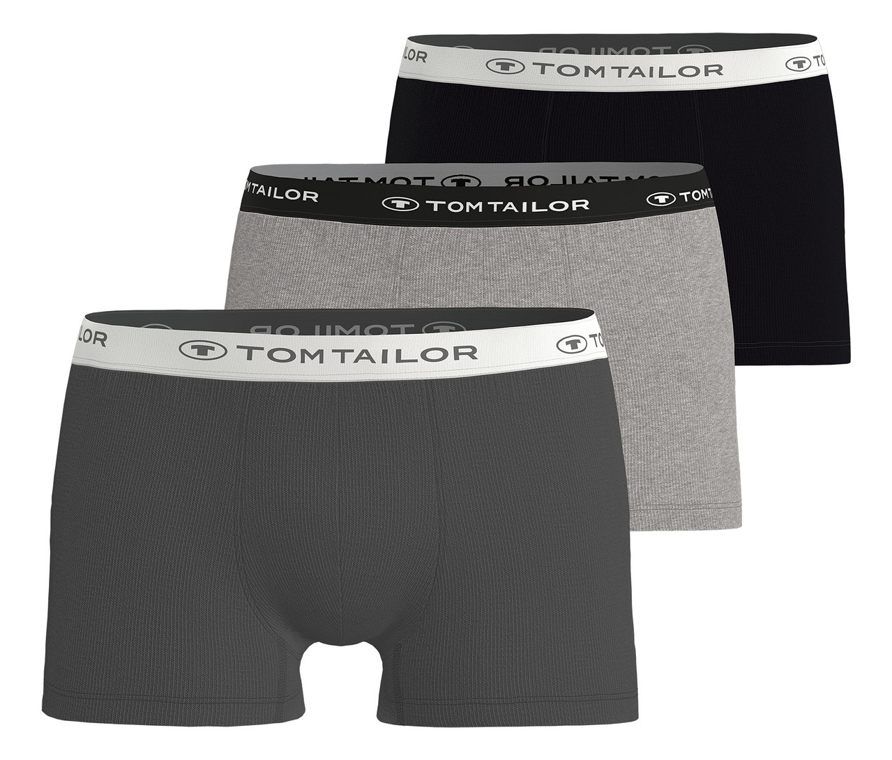 Tři šedé boxerky Tom Tailor »Buffer«, 3 ks, naskládané na sobě, s logem v pase.