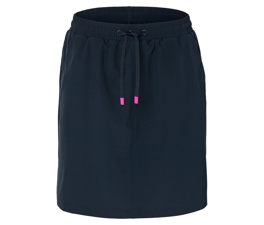 Tmavě modrá sukně se stahovací šňůrkou a růžovými detaily.