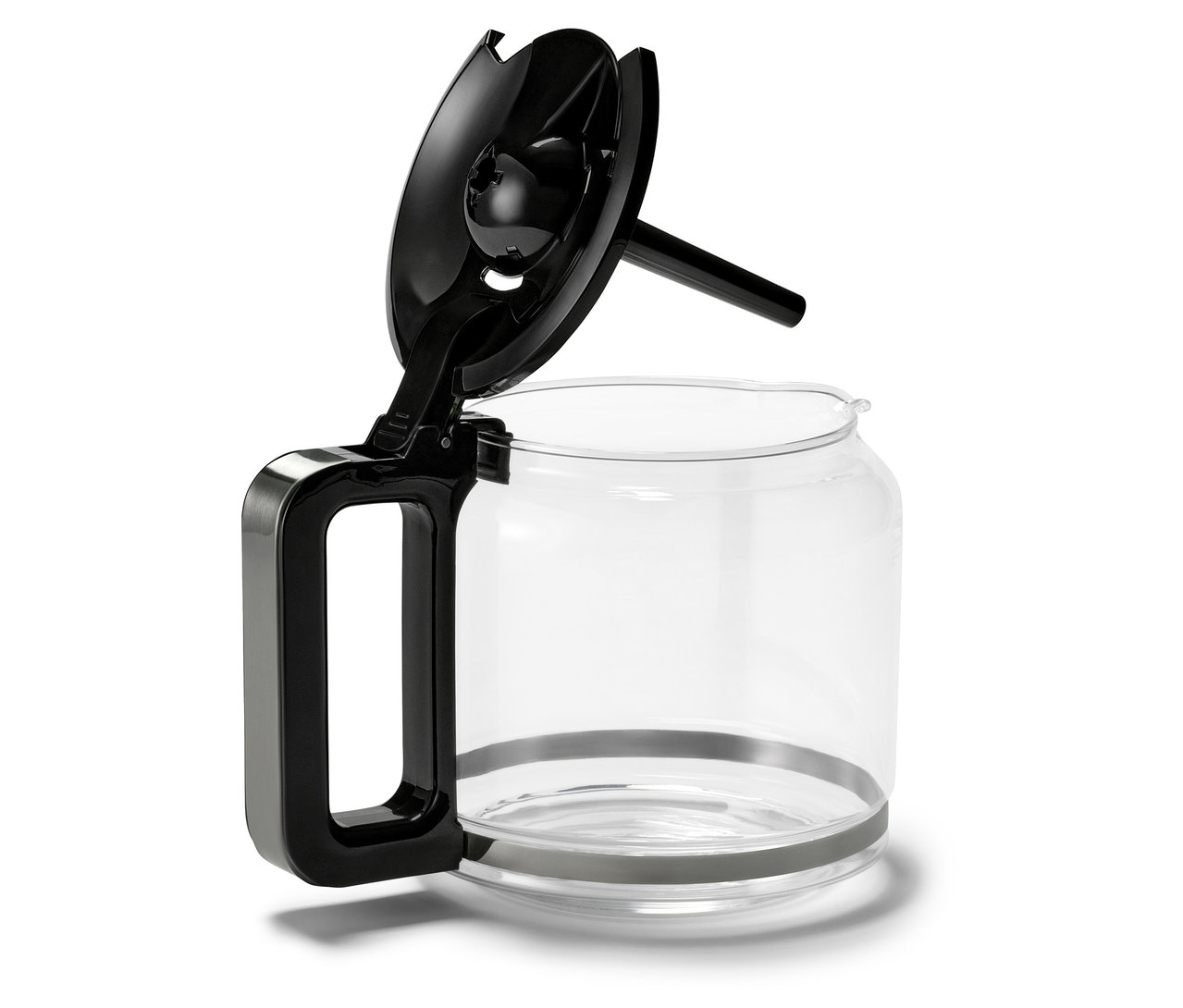 Skleněná konvice stříbrného kávovaru »Let's Brew Elegant« s otevřeným černým víkem.