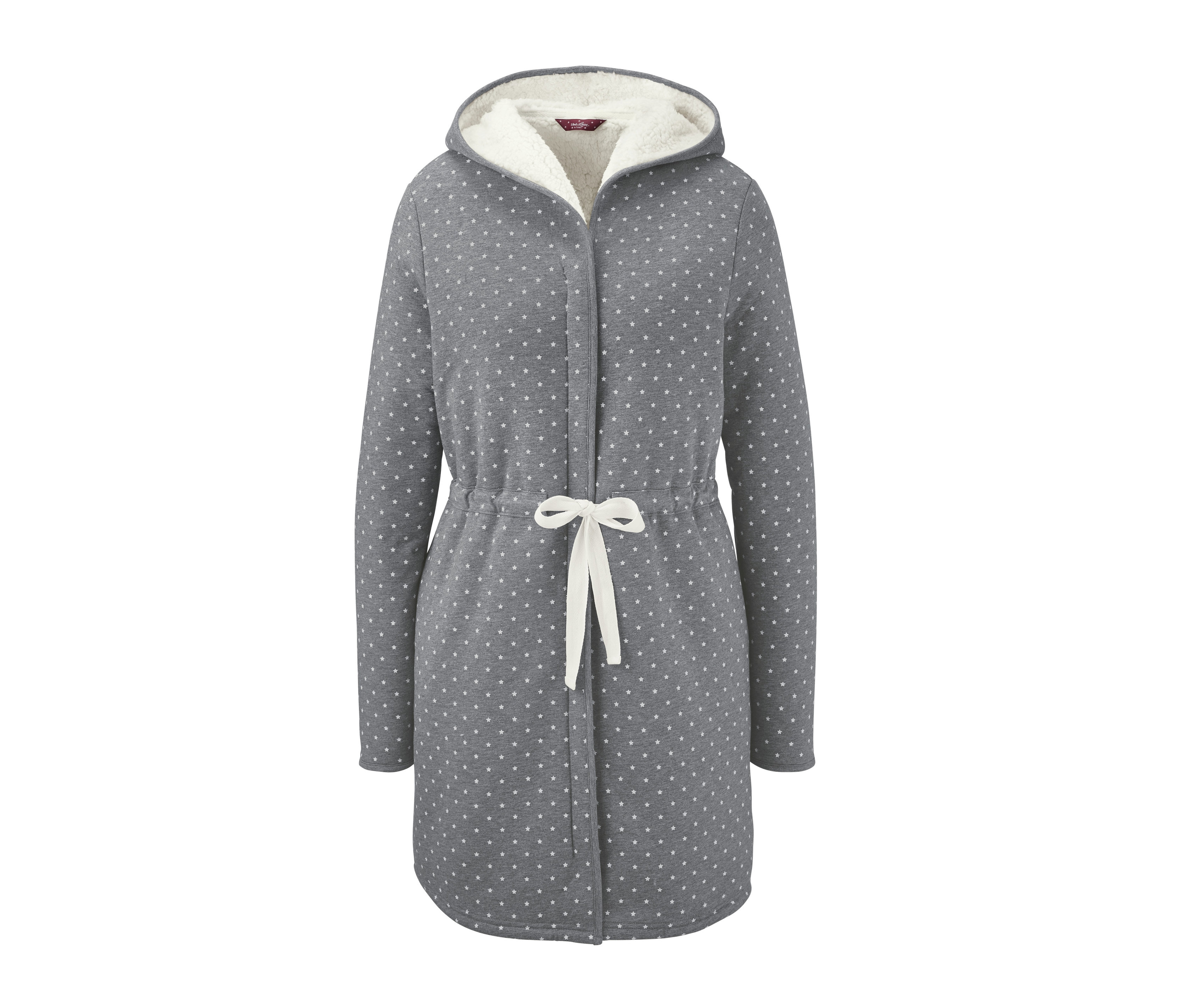 Šedý kabátek Měkoučký kabátek s bílými puntíky a kapucí.