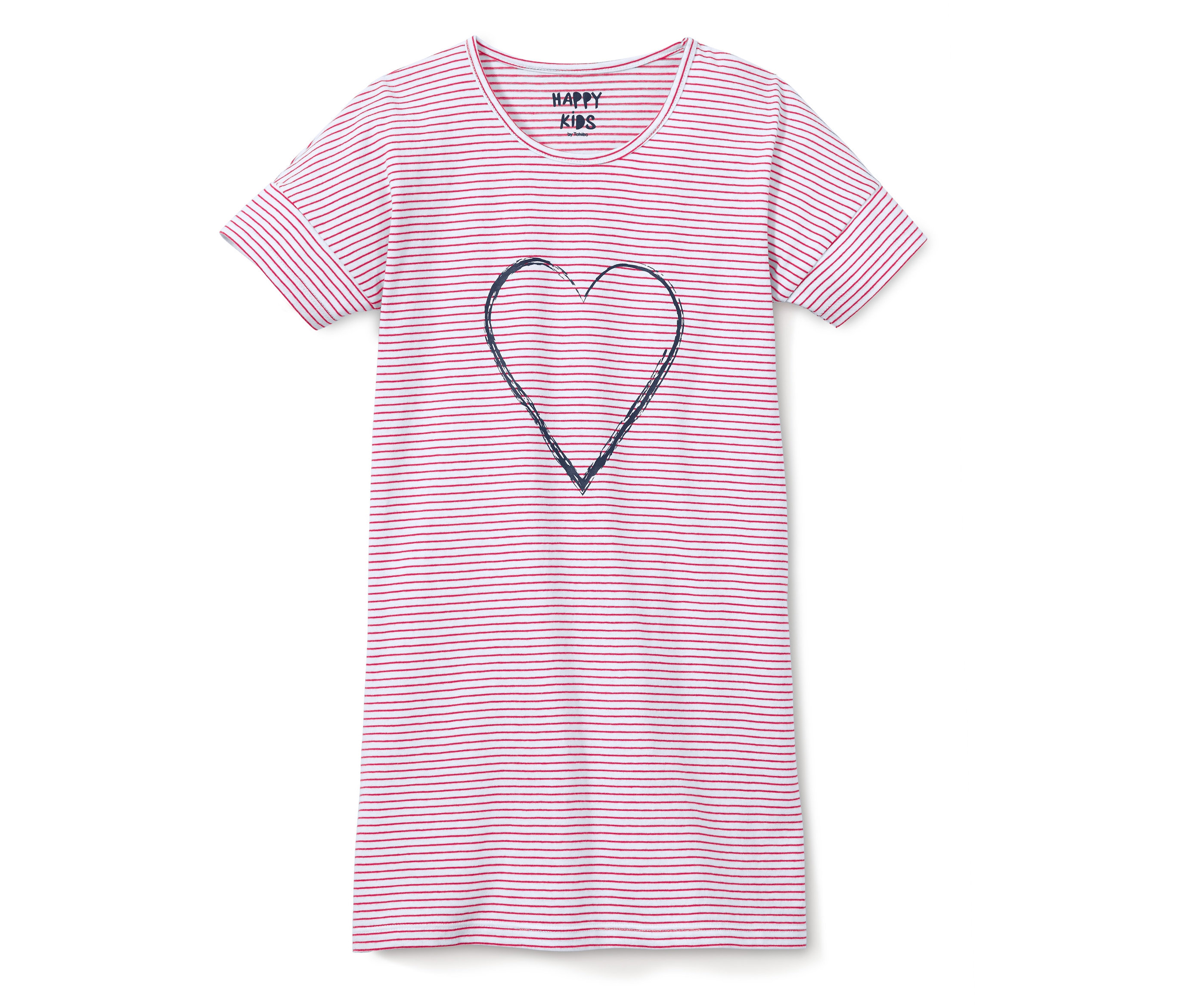 Noční košile s červenými proužky a motivem srdce.