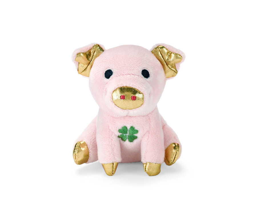 Růžové plyšové chrochtající prasátko pro štěstí se zlatými detaily a čtyřlístkem.