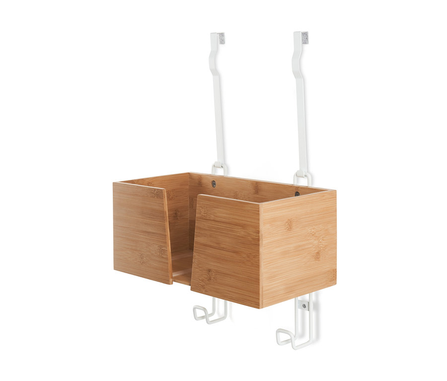 Držák na žehlicí prkno s dřevěným boxem a bílým kovovým rámem.